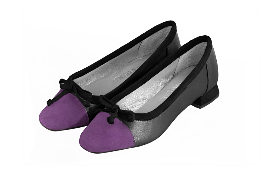 Amethyst purple, dark silver and matt black women's ballet pumps, with low heels. Square toe. Flat flare heels. Front view - Florence KOOIJMAN